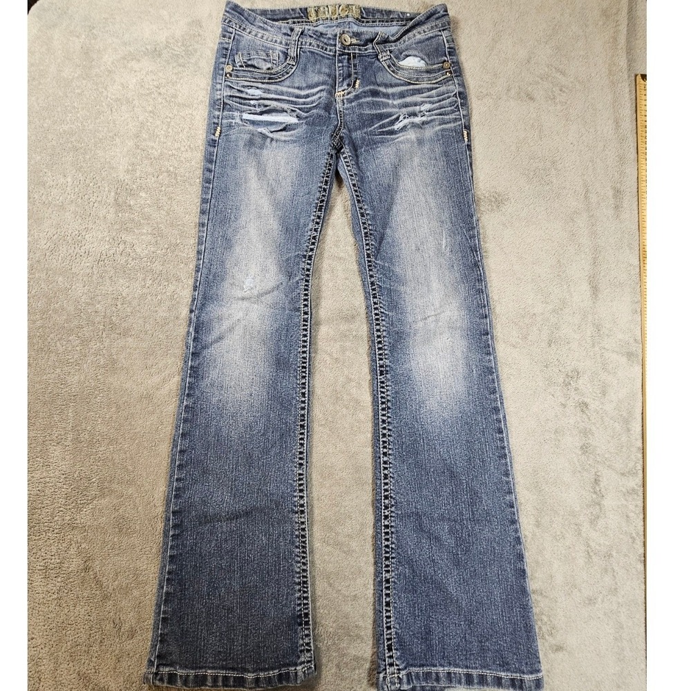 Truce Womens Bootcut Jeans Medium Wash Distressed Embroidered Low Rise Blue